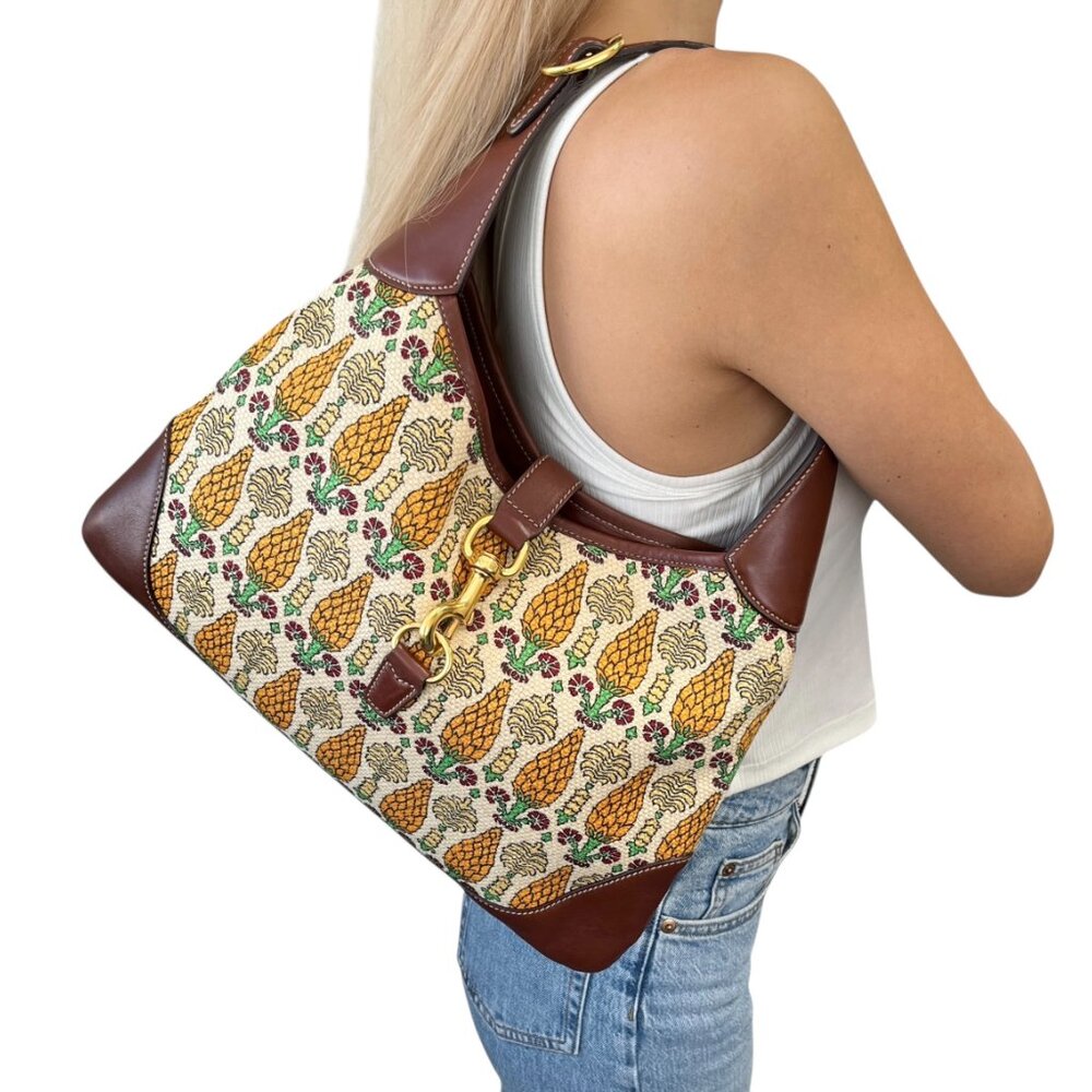 GUCCI Vintage Jackie Pigna Pineapple Jacquard Shoulder Bag Brown Yellow [106290] - Picture 2 of 13